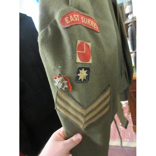 332 - Sgt Goodwin uniform marked 1944 with money belt and signals exercise book together with a photo of S... 