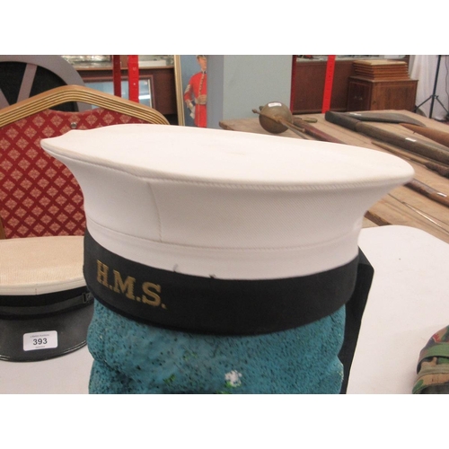 393 - HMS naval ratings 'pork-pie' cap and Minesweeper cap and tallies, plus naval peak cap and green bere... 