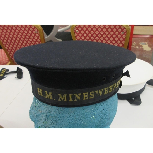 393 - HMS naval ratings 'pork-pie' cap and Minesweeper cap and tallies, plus naval peak cap and green bere... 