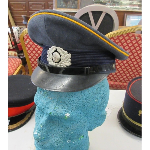 395 - Soviet AirForce Officer's visor cap plus 2 DDR East German military officer's caps and East German n... 