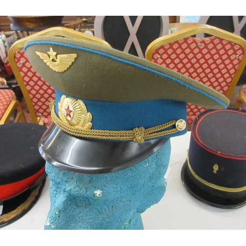 395 - Soviet AirForce Officer's visor cap plus 2 DDR East German military officer's caps and East German n... 