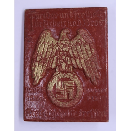 55 - Rare German Third Reich badge from a rally in Thuringia, 1938, plus Berlin Reichstag badge