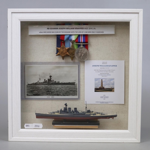 66 - J W Knapper WW2 medals and diorama. KIA served on HMS Hood (sunk by the Bismark)