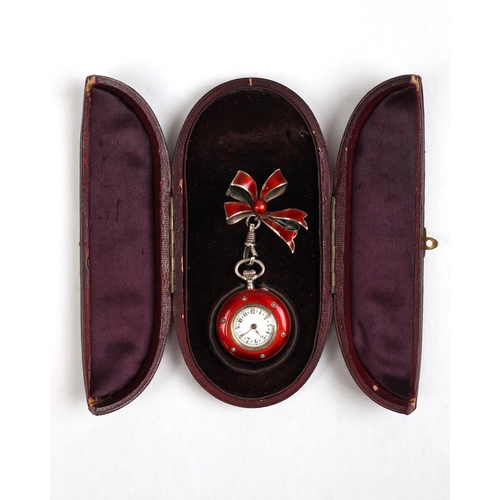 107 - Antique 19thC red guilloche enamel and silver ladies fob watch hung on silver and red guilloche enam... 