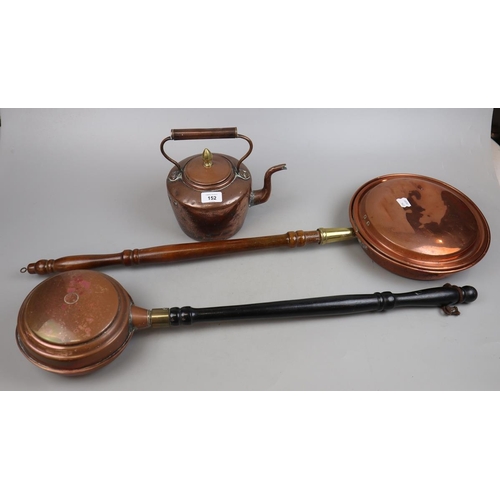 152 - 2 copper bed pans together with a copper kettle