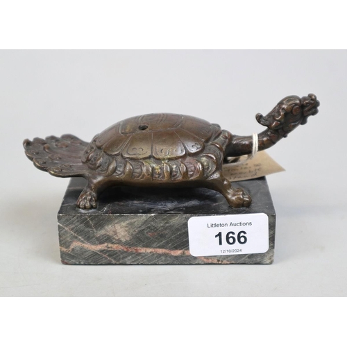 166 - Antique Chinese bronze of 'Longgui' dragon turtle, on marble stand