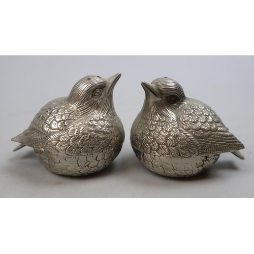 173 - White metal salt and pepper shakers in the form of birds