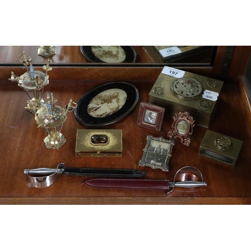 197 - Collectables to include sword letter openers, miniature Toledo sword displays, miniature picture fra... 