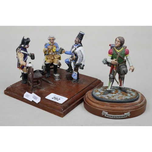 202 - 2 x 1:100mm scale white metal pro-painted figures - Napoleonic diorama and an archer