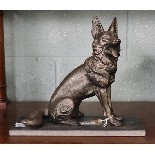 215 - Vintage cast metal Alsatian dog statue on stone plinth - Approx height 28cm