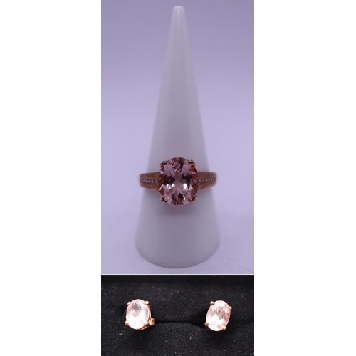 23 - 9ct rose gold stone set ring and earring set - Size R