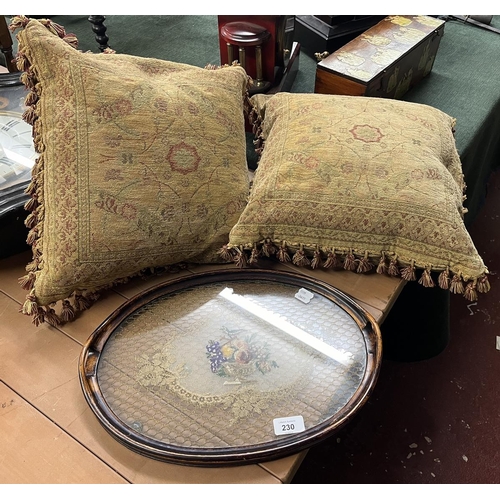 230 - Unusual antique petite point filigree dressing table tray plus 2 vintage cushions