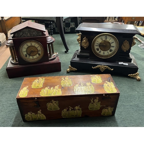 231 - 2 Ansonia mantle clocks together with a decoupage box