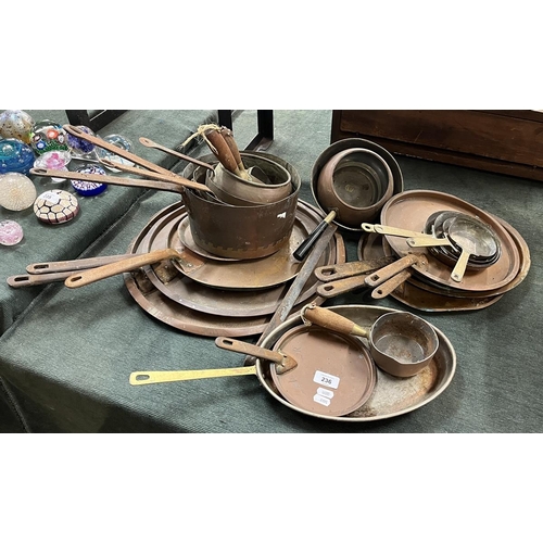 236 - Collection of copper saucepans, pans etc