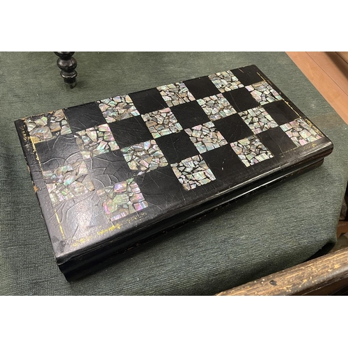 276 - Antique mother-of-pearl inlaid backgammon set with counters etc