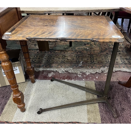 296 - Vintage oak adjustable over-bed nursing breakfast table, with cast iron stand and brass castors