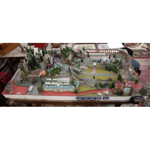 302 - Marklin Z-gauge model train set diorama on table. Wired with track but no rolling stock. Complete wi... 