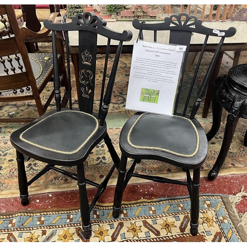 303 - Pair of antique children's coronation chairs with crinoline stretchers C1902