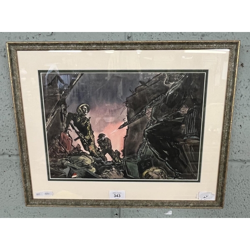 343 - Framed watercolour of of a WW2 battlescene by Peter Andrews B.1951 - Approx image size 35cm x 24cm