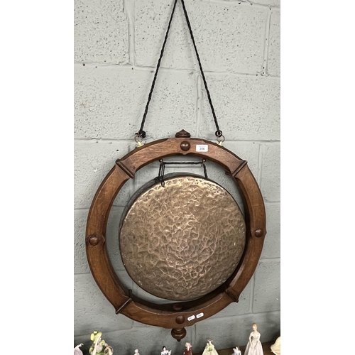 356 - Antique Gothic oak framed brass gong C1875 - Approx overall diameter 60cm and gong diameter 42cm