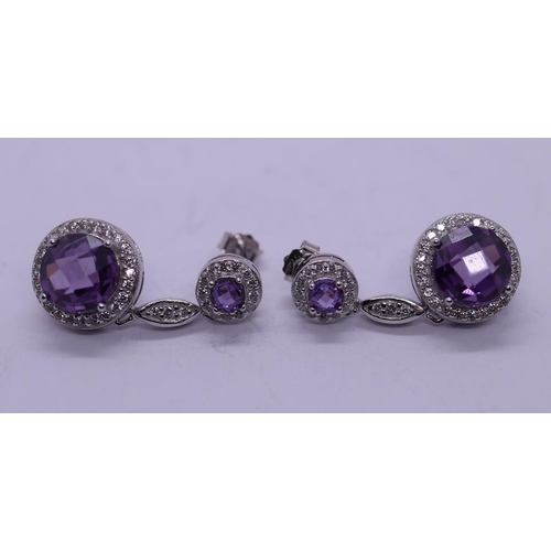 38 - Amethyst & stone set silver drop earrings