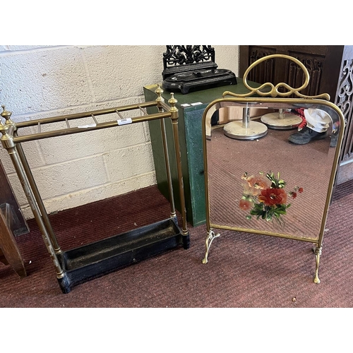 390 - Brass and cast iron stick stand together with a beveled glass mirror screen painted with flowers