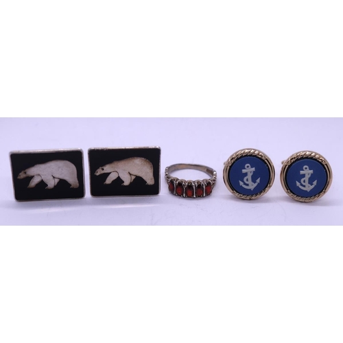 40 - Danish silver polar bear cufflinks together with Wedgwood Anchor cufflinks and a silver stone set ri... 