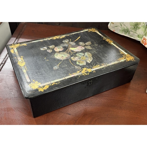 423 - Antique papier mache writing slope inlaid with mother-of-pearl