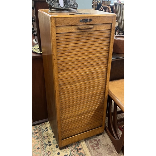 427 - Oak tambour front cabinet with key - Approx W: 46cm D: 38cm H: 115cm