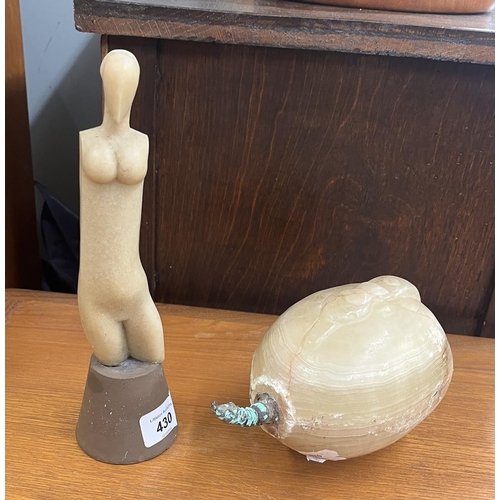 430 - Alabaster duck weight together with modernist figurine