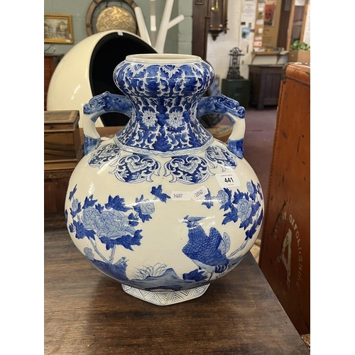 441 - Large blue and white double handled vase - Approx height 37cm