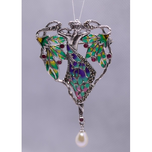 47 - Silver & enamel pearl drop brooch / pendent