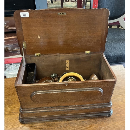 509 - Old sewing box containing metalware to include candlesticks etc