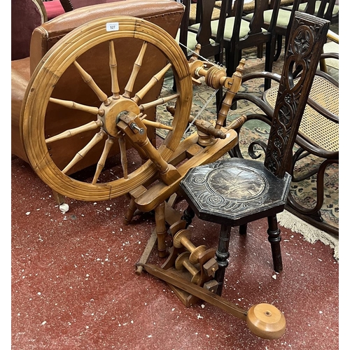 527 - Spinning wheel together with a carved spinning chair