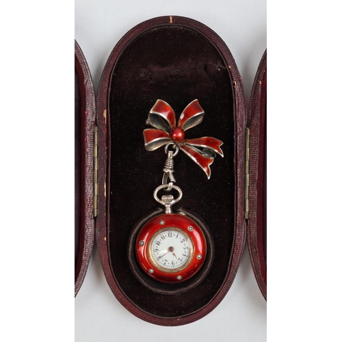 107 - Antique 19thC red guilloche enamel and silver ladies fob watch hung on silver and red guilloche enam... 