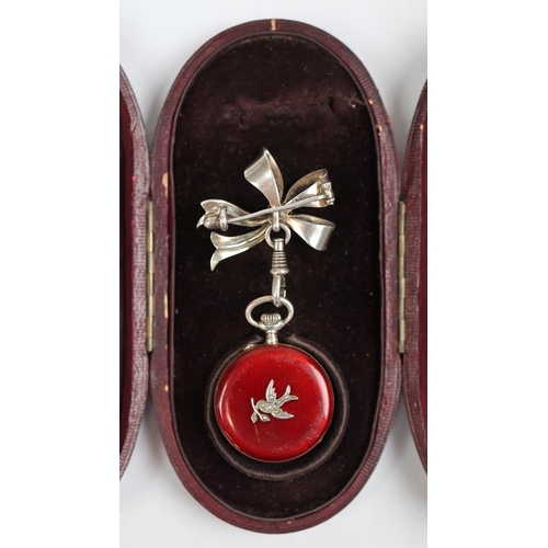 107 - Antique 19thC red guilloche enamel and silver ladies fob watch hung on silver and red guilloche enam... 