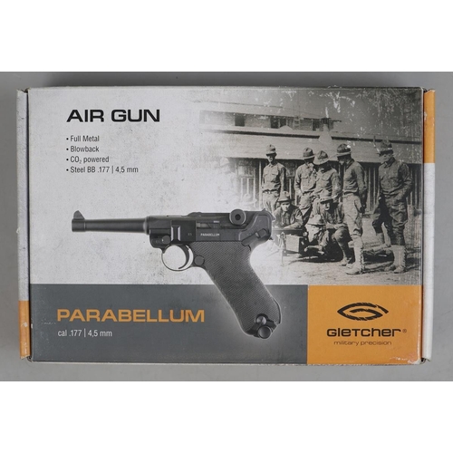 128 - Gletcher. Parabellum .177 CO2 BB Air Pistol No 28PAR2129, in box with instructions.