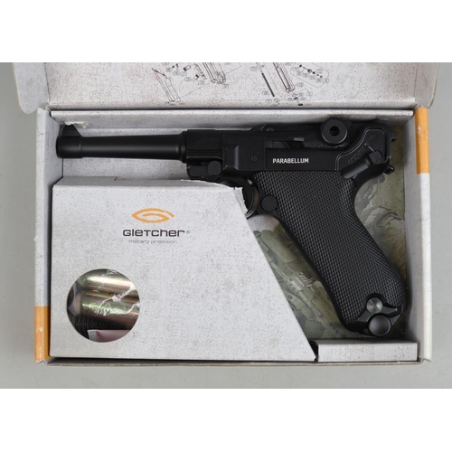 128 - Gletcher. Parabellum .177 CO2 BB Air Pistol No 28PAR2129, in box with instructions.