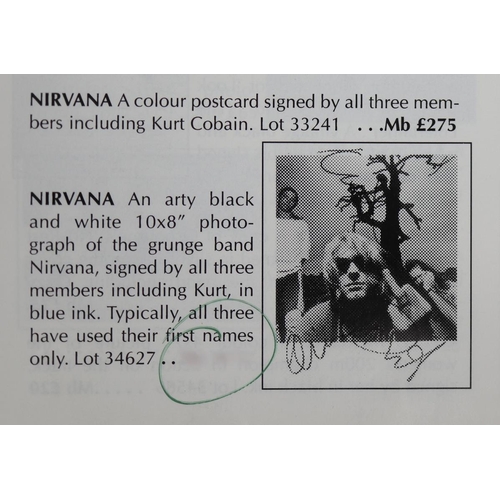 141 - 10x8 B&W promotional photograph of Nirvana.  Signed in blue ink by all three band members (typic... 