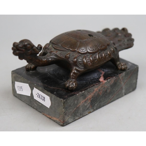 166 - Antique Chinese bronze of 'Longgui' dragon turtle, on marble stand