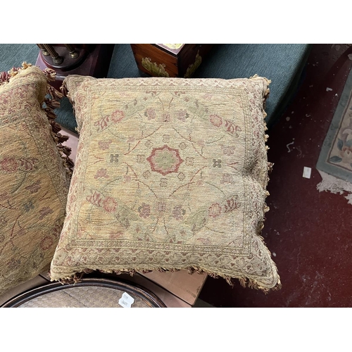 230 - Unusual antique petite point filigree dressing table tray plus 2 vintage cushions