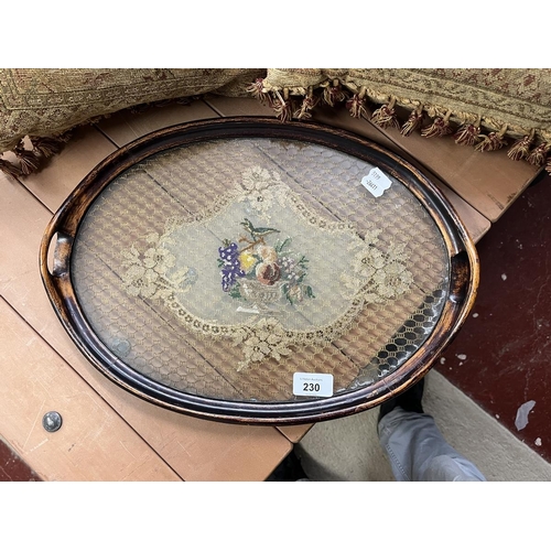 230 - Unusual antique petite point filigree dressing table tray plus 2 vintage cushions