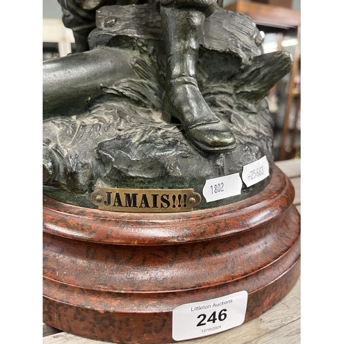 246 - Large spelter figure of a French soldier labeled Jamais (never)