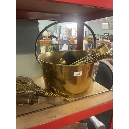 283 - Large and heavy brass jam pan etc