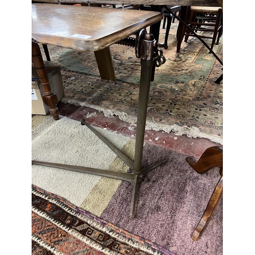 296 - Vintage oak adjustable over-bed nursing breakfast table, with cast iron stand and brass castors