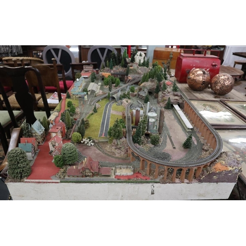 302 - Marklin Z-gauge model train set diorama on table. Wired with track but no rolling stock. Complete wi... 