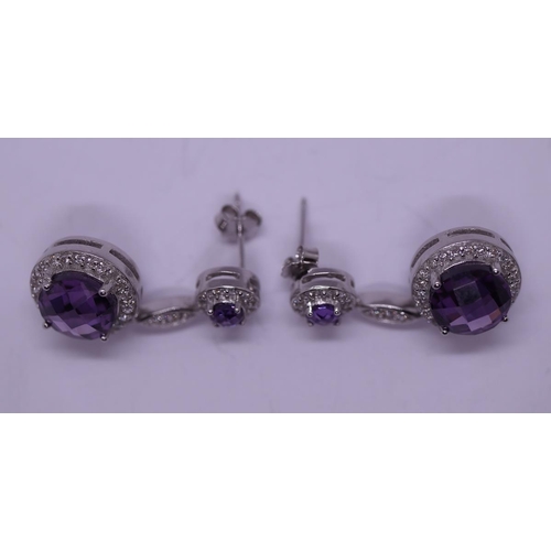 38 - Amethyst & stone set silver drop earrings