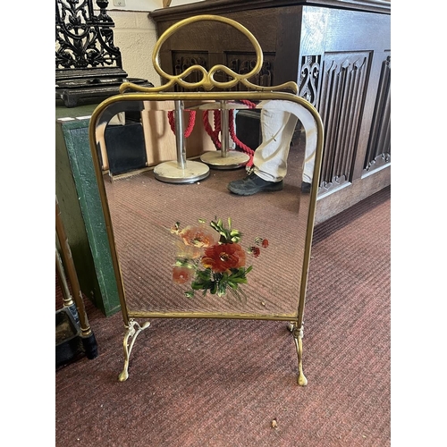 390 - Brass and cast iron stick stand together with a beveled glass mirror screen painted with flowers