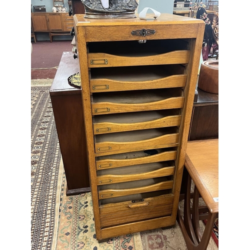 427 - Oak tambour front cabinet with key - Approx W: 46cm D: 38cm H: 115cm