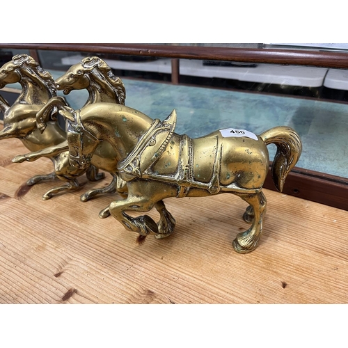 450 - Pair of brass rearing horses together with another